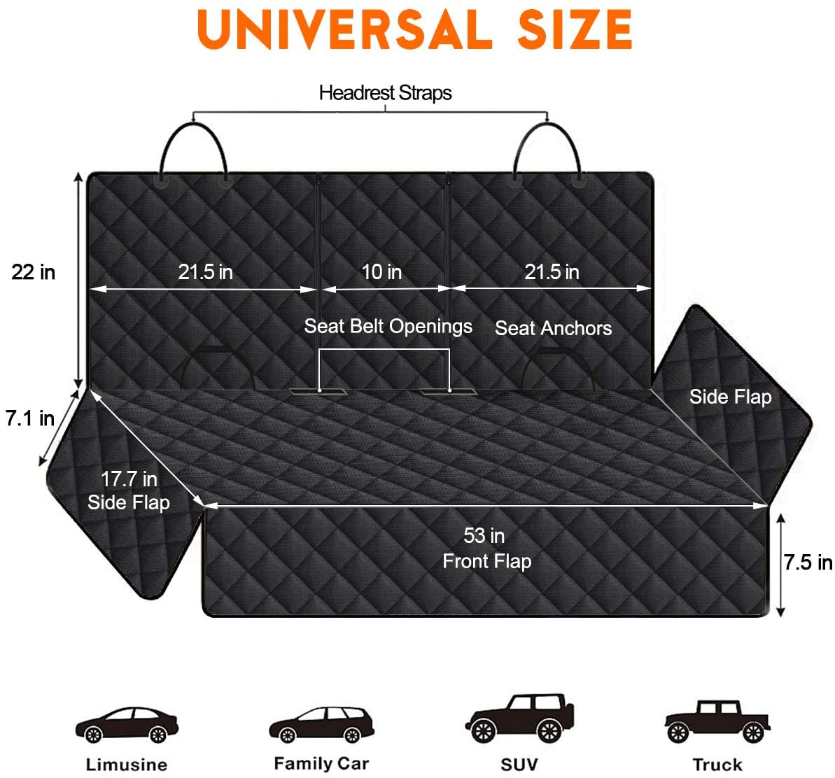 Dog car seat cover protector dimensions and universal size for vehicles including limousines and trucks.