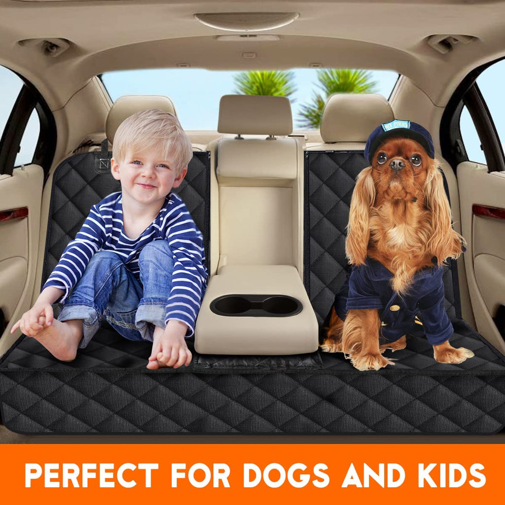 Dog car seat cover protector shown in a car with a child and a dog, demonstrating comfort and protection for pets.