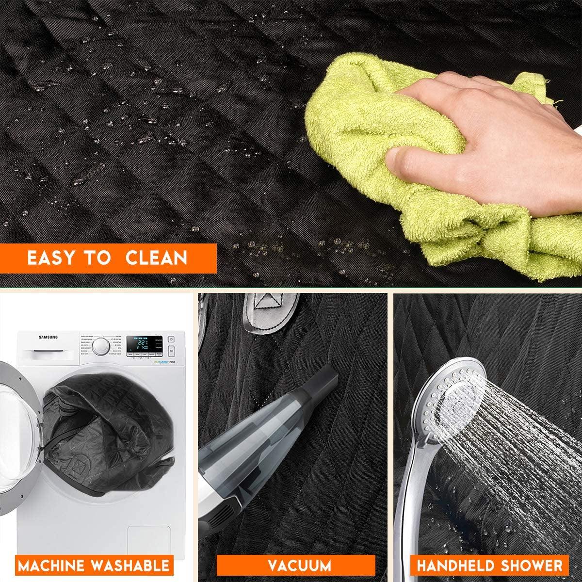 Dog car seat cover protector showing easy cleaning options with machine washable, vacuum, and handheld shower features.