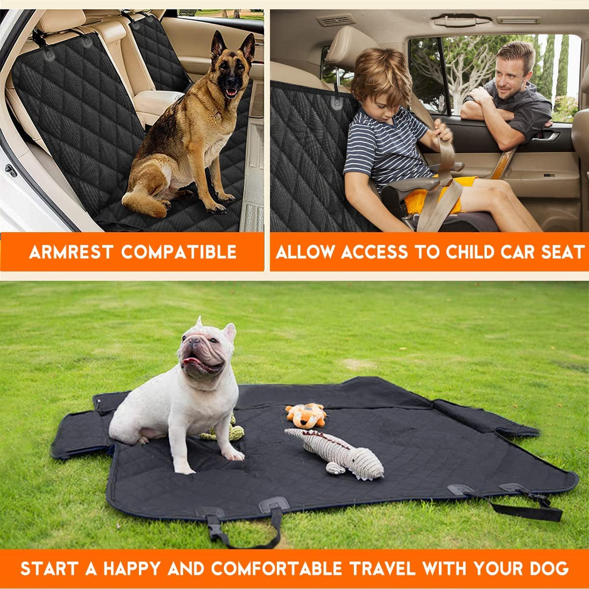 Dog car seat cover protector for safe and comfortable pet travel, featuring armrest compatibility and child car seat access.