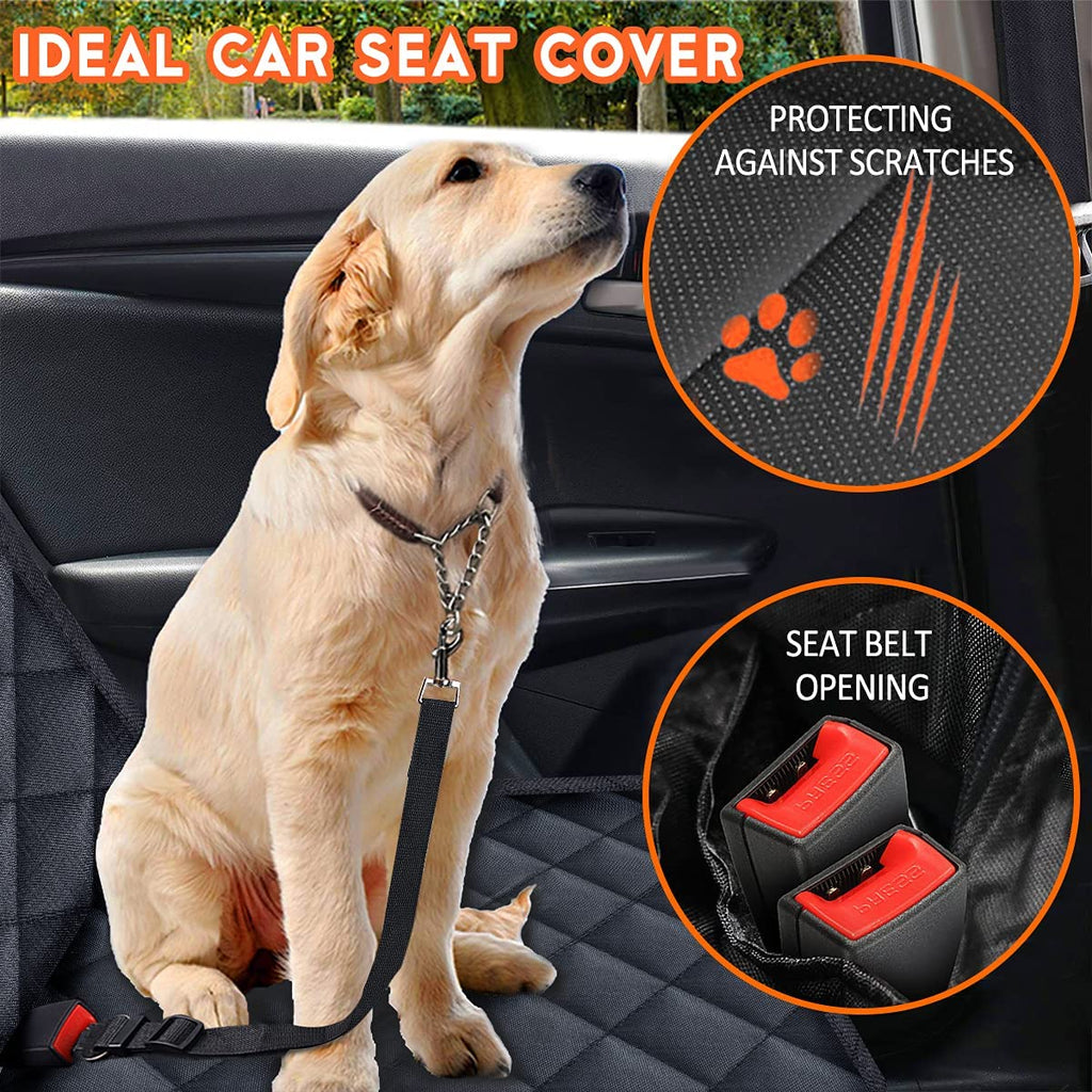Dog car seat cover protector for back seat, protecting against scratches with seat belt opening.