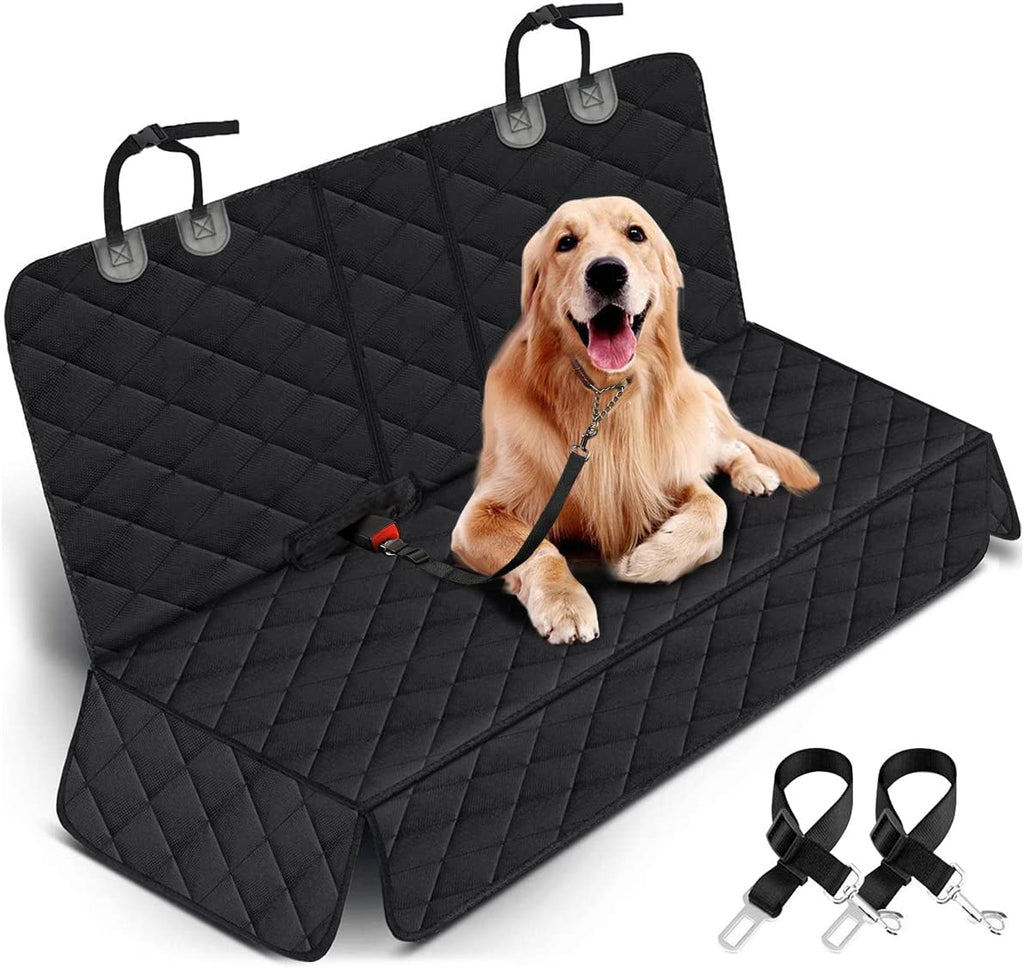 Dog car seat cover protector with a golden retriever sitting comfortably, designed for backseat protection.