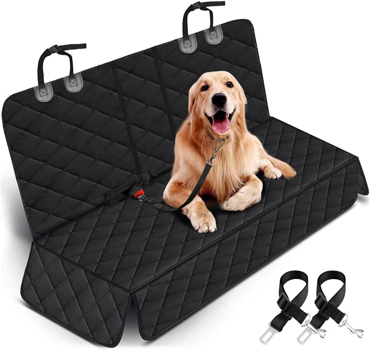 Dog car seat cover protector with a golden retriever sitting comfortably, designed for backseat protection.