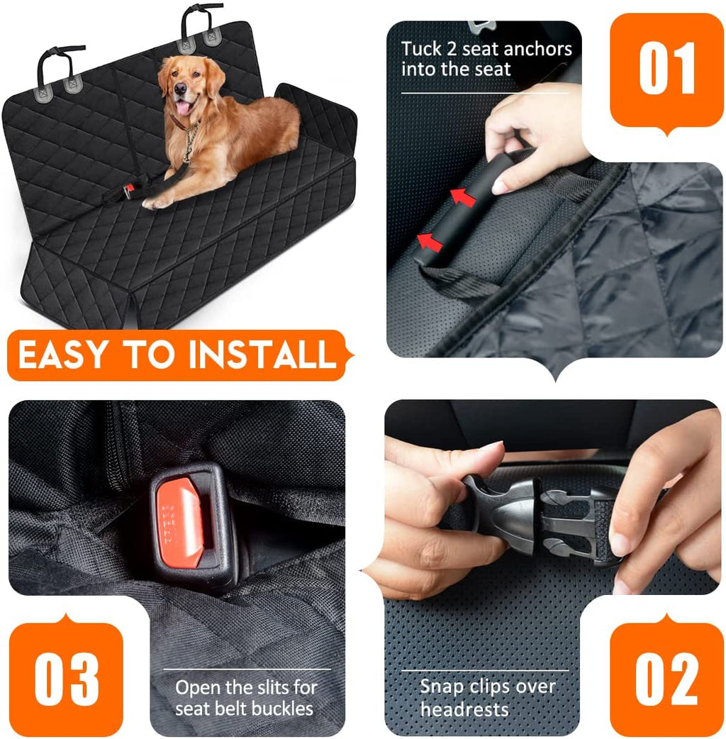 Dog car seat cover protector installation steps with a dog on a back seat cover.